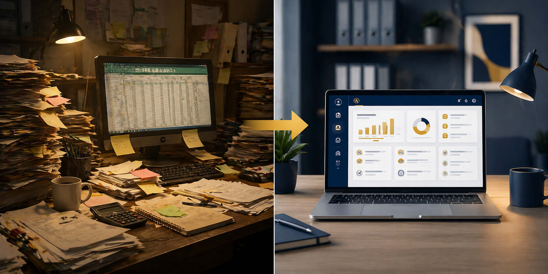 Before AuditPro: cluttered desk with paper folders. After: one clean laptop showing the signed audit pack.