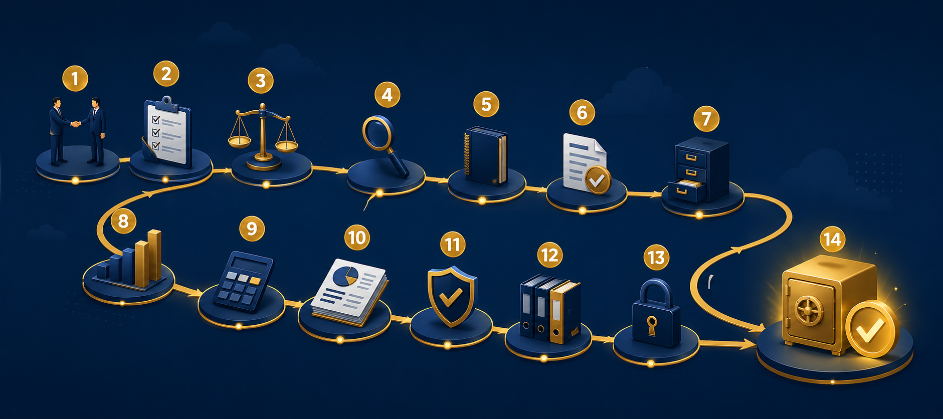 The 14-step audit lifecycle from engagement letter to signed report — visualised as a journey
