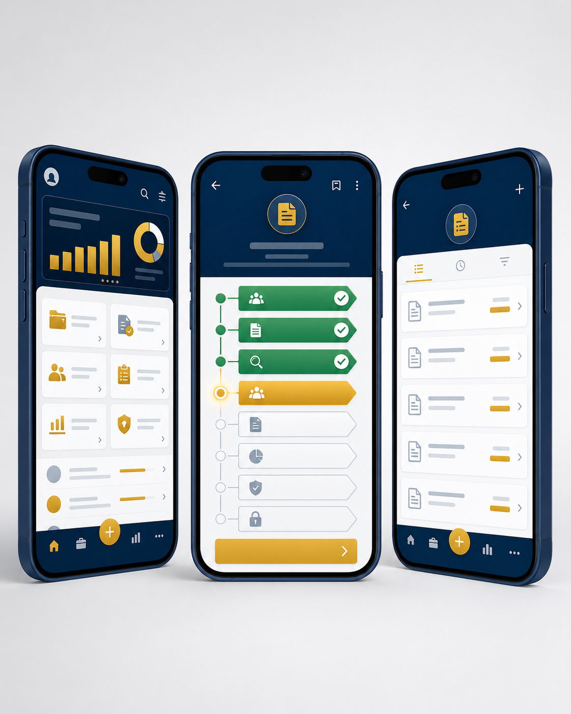 Three phones showing AuditPro mobile screens — dashboard, workflow, invoices